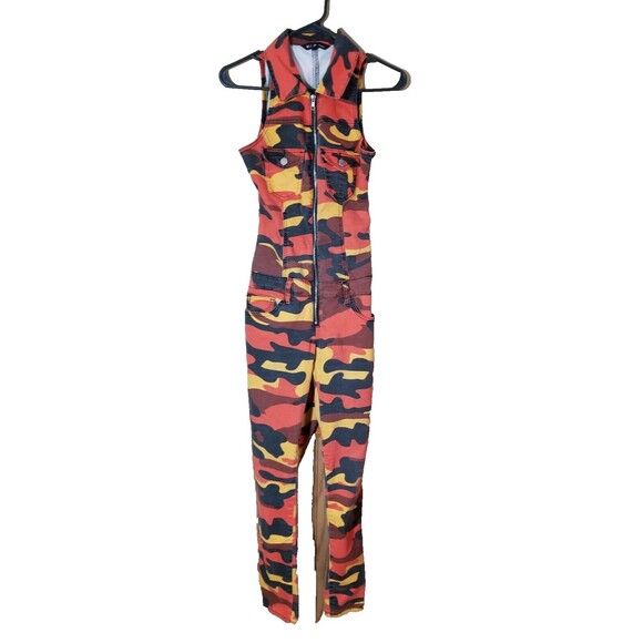 V.I.P. Jeans Women's Camo Size Sm Slim Fit Overalls Jumpsuit Orange Yellow Black - Picture 1 of 9